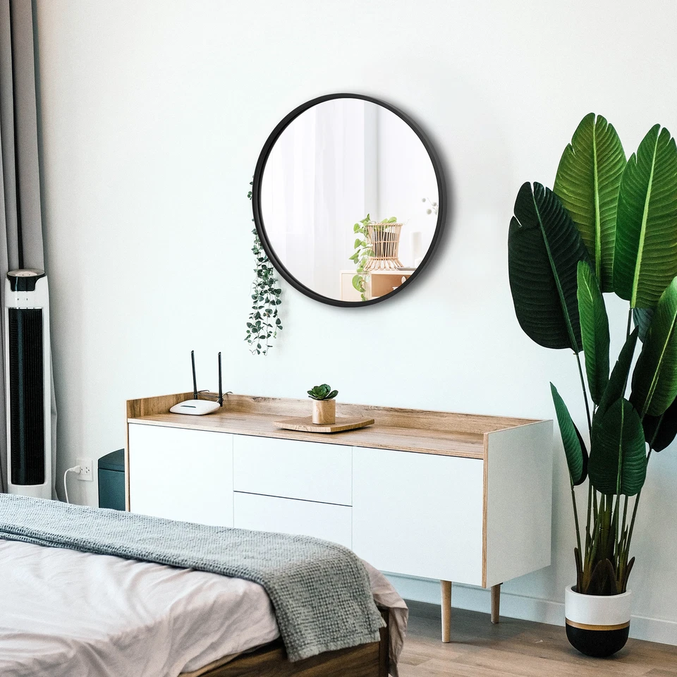 18" Metal Frame Round Mirror Bathroom Bedroom Livingroom Decorative Black - Image 4 of 4