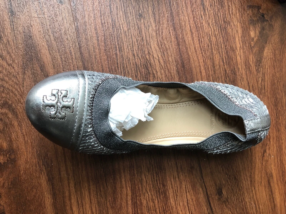 Tory Burch Gabby Metallic Python Print Ballet Flat Pewter MSRP 228