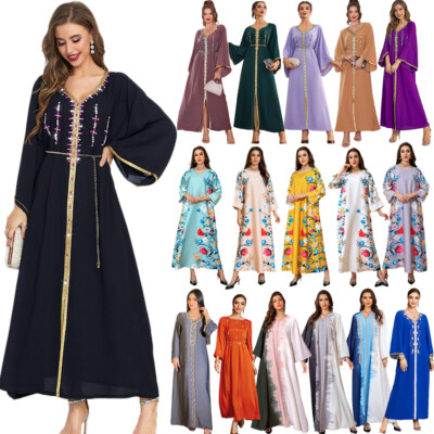 Abaya Rhinestone Kaftan Beads Elegant Women Muslim Maxi Dress Dubai Evening Gown