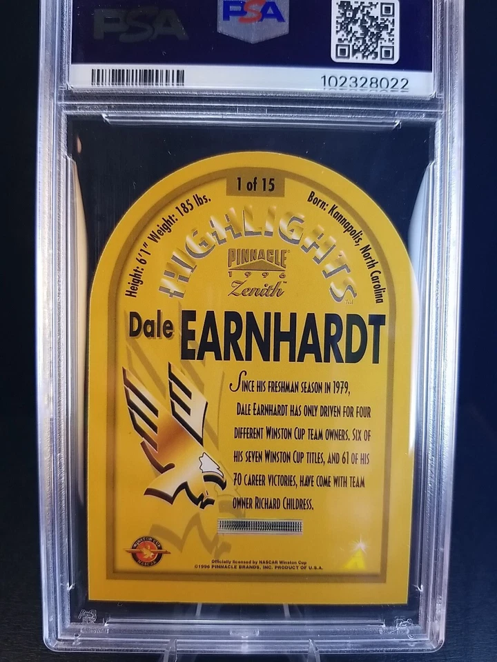 1996 PINNACLE ZENITH #1 DALE EARNHARDT HIGHLIGHTS DIE CUT PSA GEM MINT 10 POP 1 - Image 3 of 3