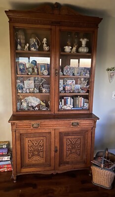 Antique English Hand Carved Oak Book Case