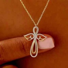 14k Yellow Gold Plated Round Cut Real Moissanite Stunning Angle Wings Pendant