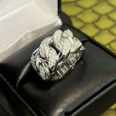 0.5CT Round Test Pass Moissanite Cuban Link Mens Band Ring 14K White Gold Plated