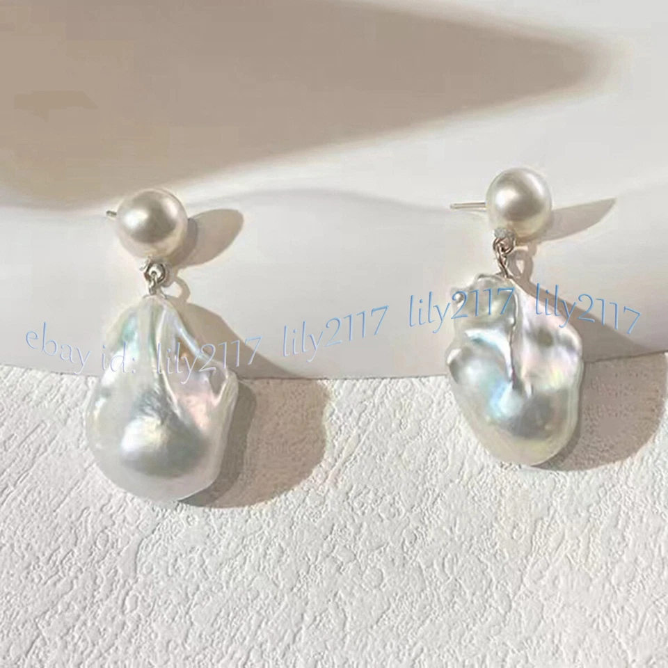 15-25MM REAL NATURAL WHITE FRESHWATER BAROQUE PEARL DANGLE SILVER STUD EARRINGS - Image 2 of 4