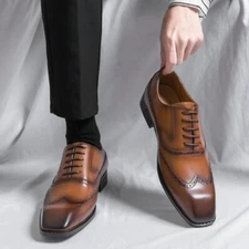 Handmade Men Shaded Brown Leather Stylish Wing Tip Lace Up Formal Business Shoes