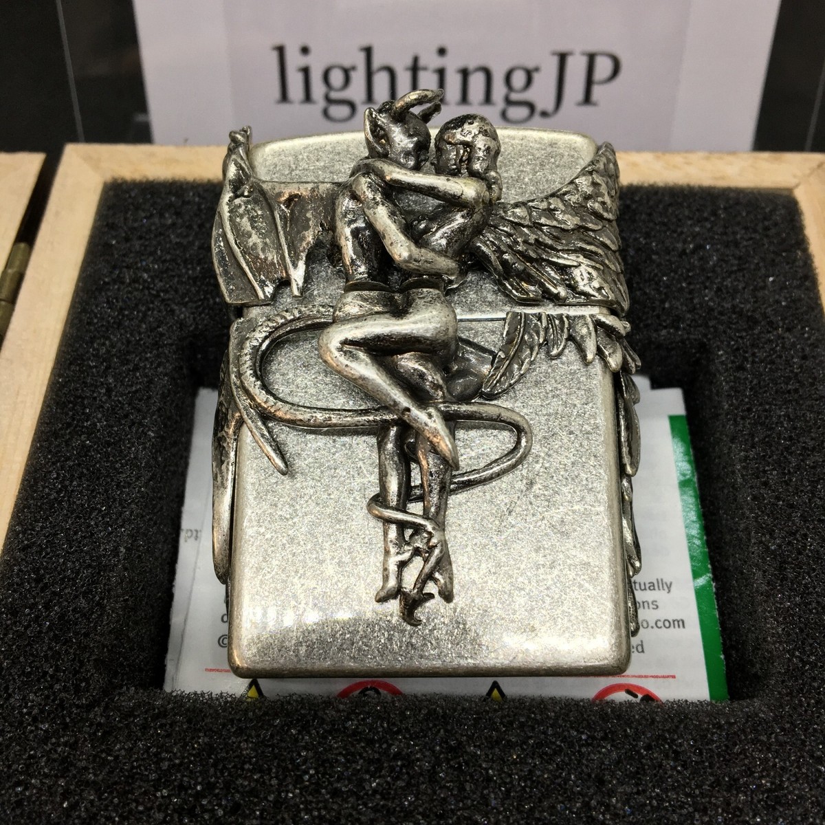 Zippo Angel Devil Wing Metal 5 Sided Etching Antique Silver