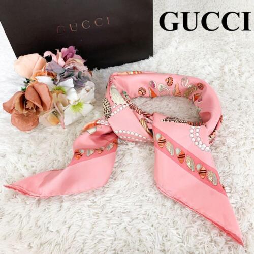 GUCCI Authentic Stole Scarf Silk Pink Seashell Pearl Used From Japan - 第 1/9 張圖片