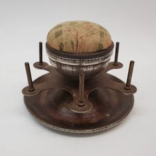 Antique Victorian Metal Pincushion Rotating Spool Thread Holder Sewing Tool