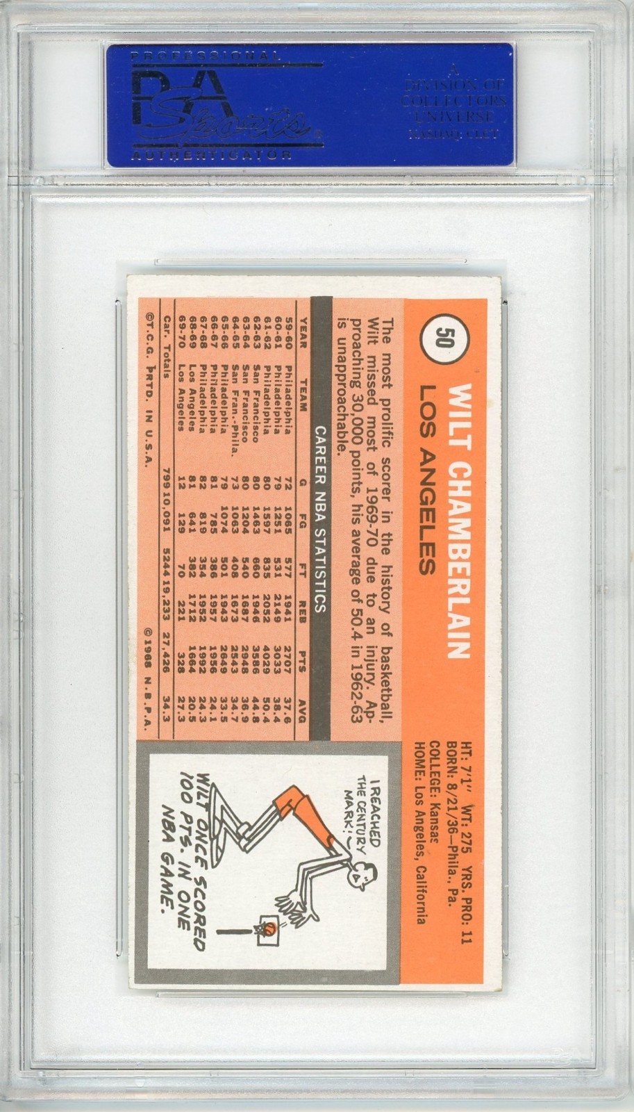 1970 - 1971 Topps Wilt Chamberlain #50 PSA 6 P1469 view 2