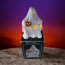 Vtg Ceramic Halloween Ghost With Pumpkin Jack O Lantern Lights Up W Box 1991