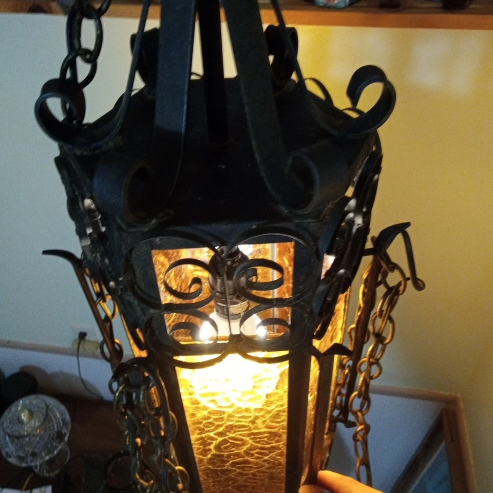 vtg Spanish gothi revival wrought iron Filigree chandelier amber Bumpy glass 27" - Image 3 of 4
