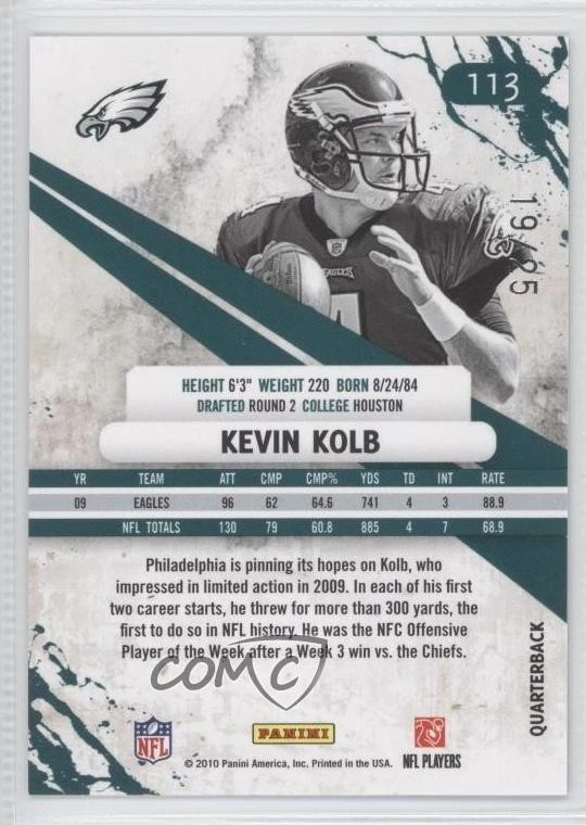 2010 Panini Rookies & Stars Longevity Platinum /25 Kevin Kolb #113 - Image 2 of 2