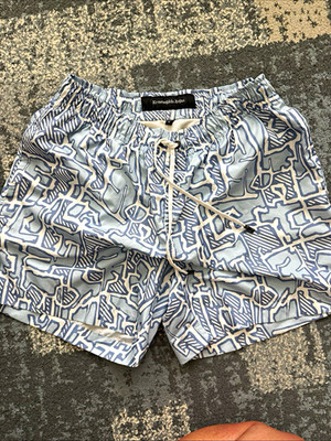 Ermenegildo Zegna Men's Light Blue/White Geometric Swim Shorts Drawstring Medium
