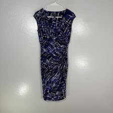 Lauren Ralph Lauren Dress Womens 2 Blue Geometric Ruched Sheath V Neck Jersey
