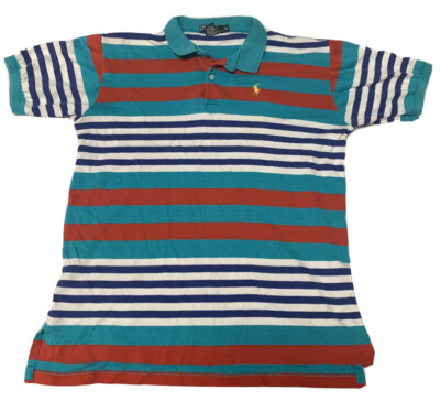 Vintage 80s 90s Polo Ralph Lauren Striped Polo Shirt Sz XL Made USA Teal  Red