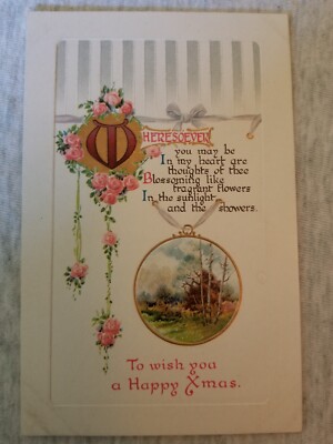 To Wish You a Happy Xmas Postcard Poem Roses Forest Scene Embossed c 1910
