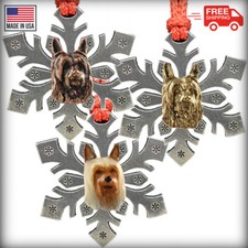 Pewter Dog Silky Terrier Snowflake Christmas Tree Ornaments, Made in the USA
