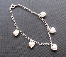 Cute Silver Tone Child's Bracelet with 5 heart charms 7"