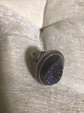 Brown Purple Druzy Quartz RING Size 9 Adjustable 18x24mm Drusy Sterling Silver