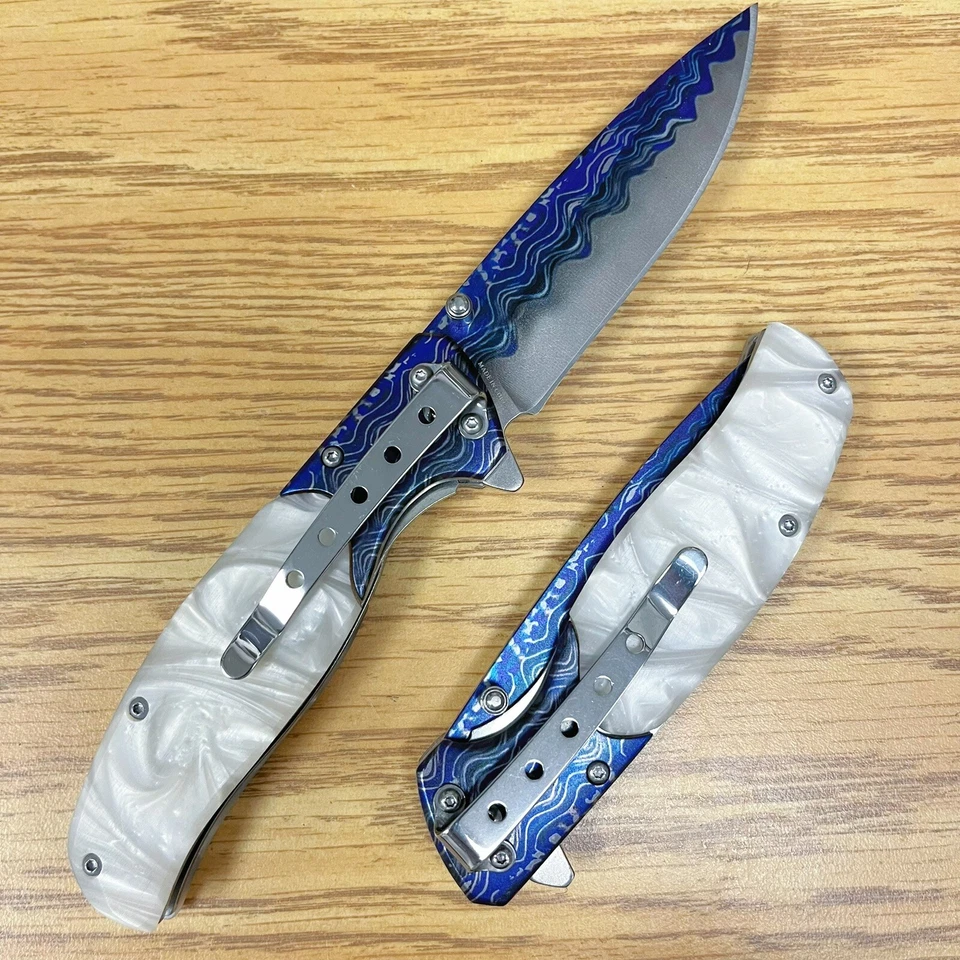 Navaja de Bolsillo Plegable Asistida por Resorte Bule Blanco Mármol Damasco 8" Hoja Abierta Foto 2 de 4