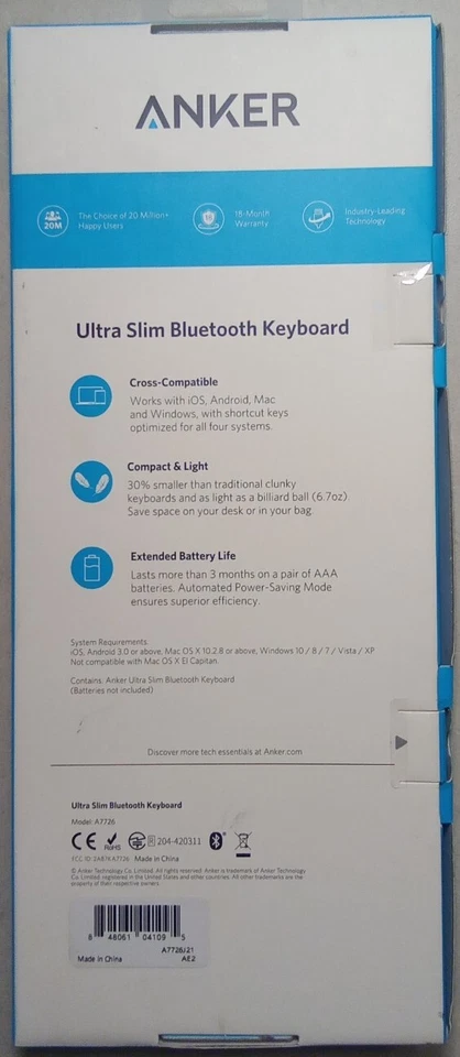 Anker Ultra Slim Bluetooth White Keyboard Lightweight Apple & Android Compatible - Image 3 of 3