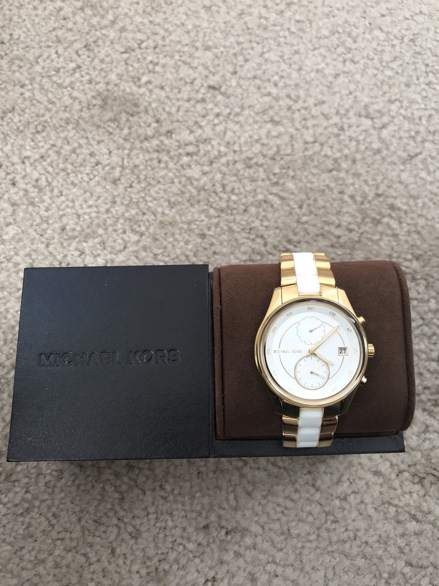 ON SALE) NWT Michael Kors Briar Gold-Tone and White Silicone