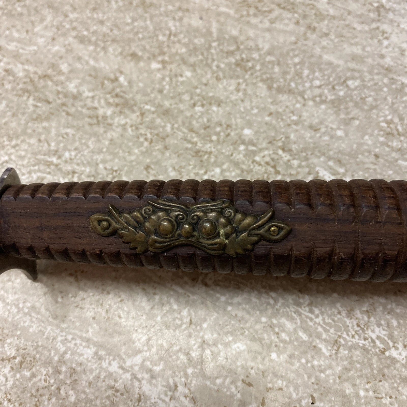 Vtg Knife Sharpener Honing Stick Rod Wood Handle Japan ? FOO DOG Metal plate