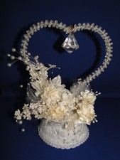 New Vintage Elegant Wedding Cake topper Ivory flowers with shimmering heart #134