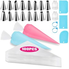 Pastry Bag And Tip Set, 100 Count 12 Inch Bags, 16 Designs, Cake Decorating