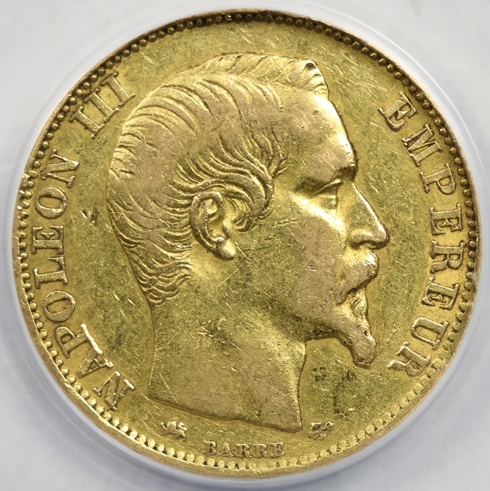 Oro Francia 1855-D 20 francos XF EF 40 ANACS Foto 3 de 4