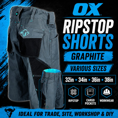OX Tools Ripstop Shorts Graphite Work Cargo Utility Shorts 32-38 Reg