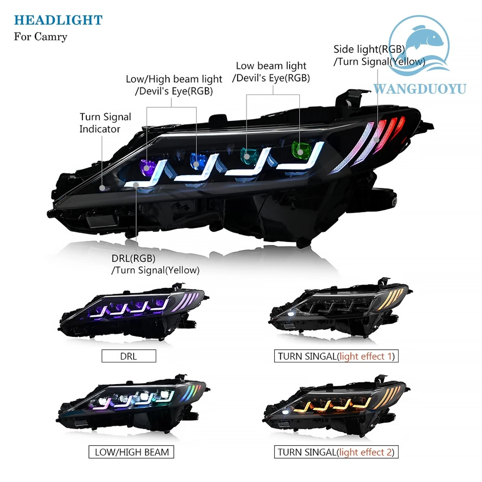 Headlights for Toyota Camry 2018-2024 LE/SE/XLE/XSE/TRD (RGB Quad Projector) - Image 4 of 4