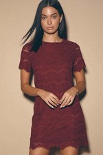 Lulus Take Me to Brunch Lace Shift Dress Burgundy Size Small Feminine Date Night