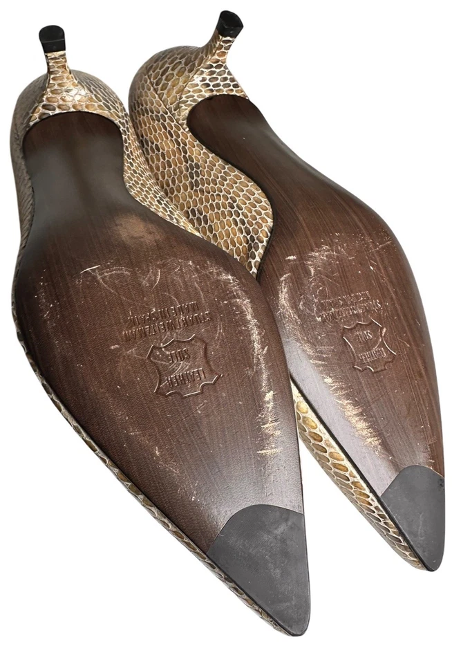 Stuart Weitzman Piel de Serpiente Gatito Tacón Talla 10 Gris Tostado Cuero Punta Lujo Foto 4 de 4