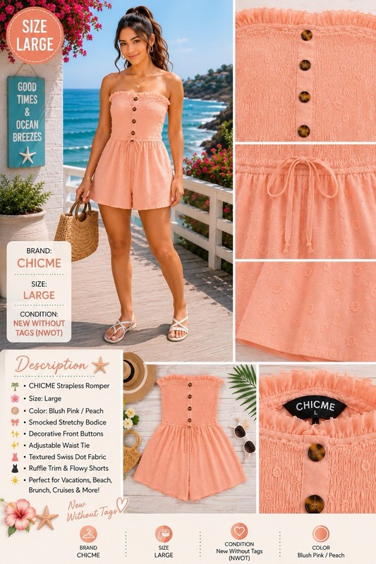 CHICME Pink Strapless Smocked Romper Button Ruffle Woven Textured Size L