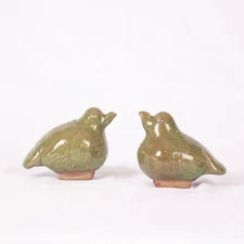Pair of Ceramic Bird Incense Holders from Thailand - Green Glazed Folk Art