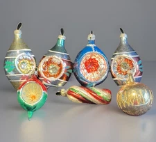 7 Early VTG Mini Ornaments Reflector Indent Feather Tree Glass Poland Christmas