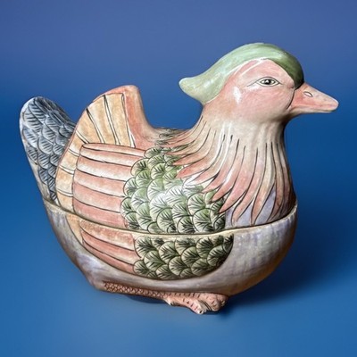 VTG Chinese Porcelain Famille Rose Chinoiserie Duck Tureen Pink/Green/Purple/Blu