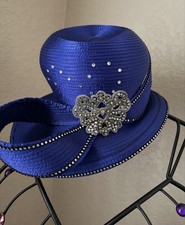 Bettye Women's Blue Church Dress Hat Formal Rhinestone Embellished Synthetic