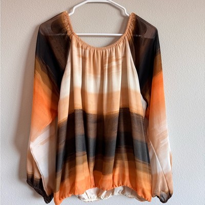 Calvin Klein Abstract Sheer Peasant Blouse M   Orange Brown Gradient