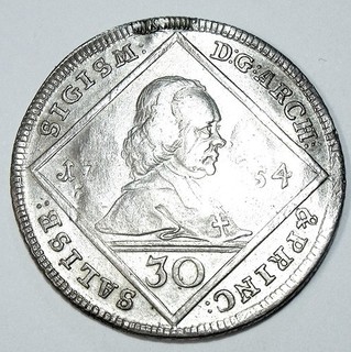 SALZBURG Archbishopric Sigismund III(1753 71) 30 Kreuzer 1754 Silver SCARCE XF