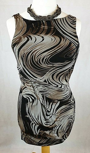 Karen Millen Ladies Size 10 Swirly Abstract Brown/Grey/Black Layered Dress DJ158 - Picture 5 of 10