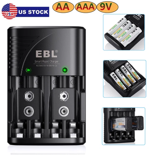 EBL Rapid Smart Charger for AA AAA 9V NiMH NiCD Rechargeable Batteries (3in1)