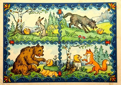 1956 Children card Fairy tale Kolobok Fox Bear Hare Wolf Vintage Postcard