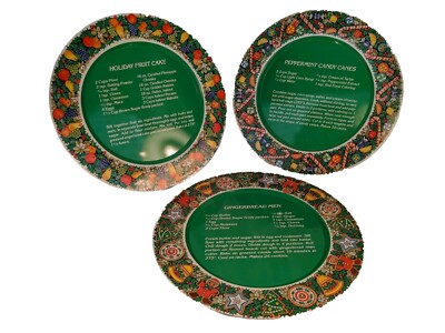 Vtg 1985 Christmas 3 Different Tin Plates Trays w Recipes Fruit Cake Gingerbread