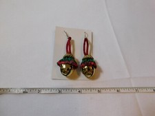 Vintage pierced earrings Christmas Jingle bells dangle gold tone Red Green sound