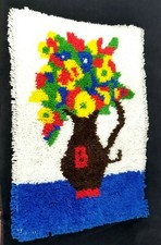 Vintage Latch Hook Rug Vase and Colorful Flowers Design 29" x 21" Wall Hanging