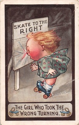 POSTCARD  COMIC   CHILDREN SKATING  THE GIRL WHO TOOK THE WRONG TURNING