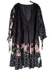 Asos Design NWT Dress US 20 Black Floral Corduroy Polka Dot Patchwork 3/4 Slvs
