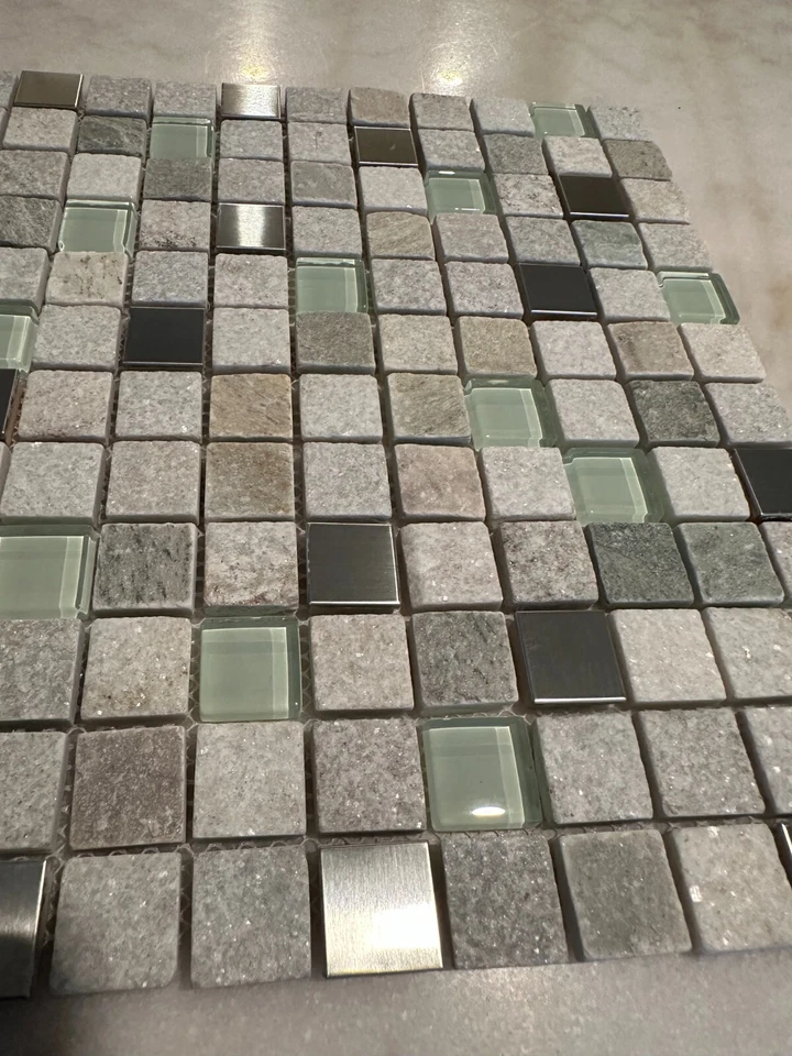 1"x1" Stone, Metallic, and Glass Mix Mosaic Stacked Meshed Mounted - Image 4 of 4